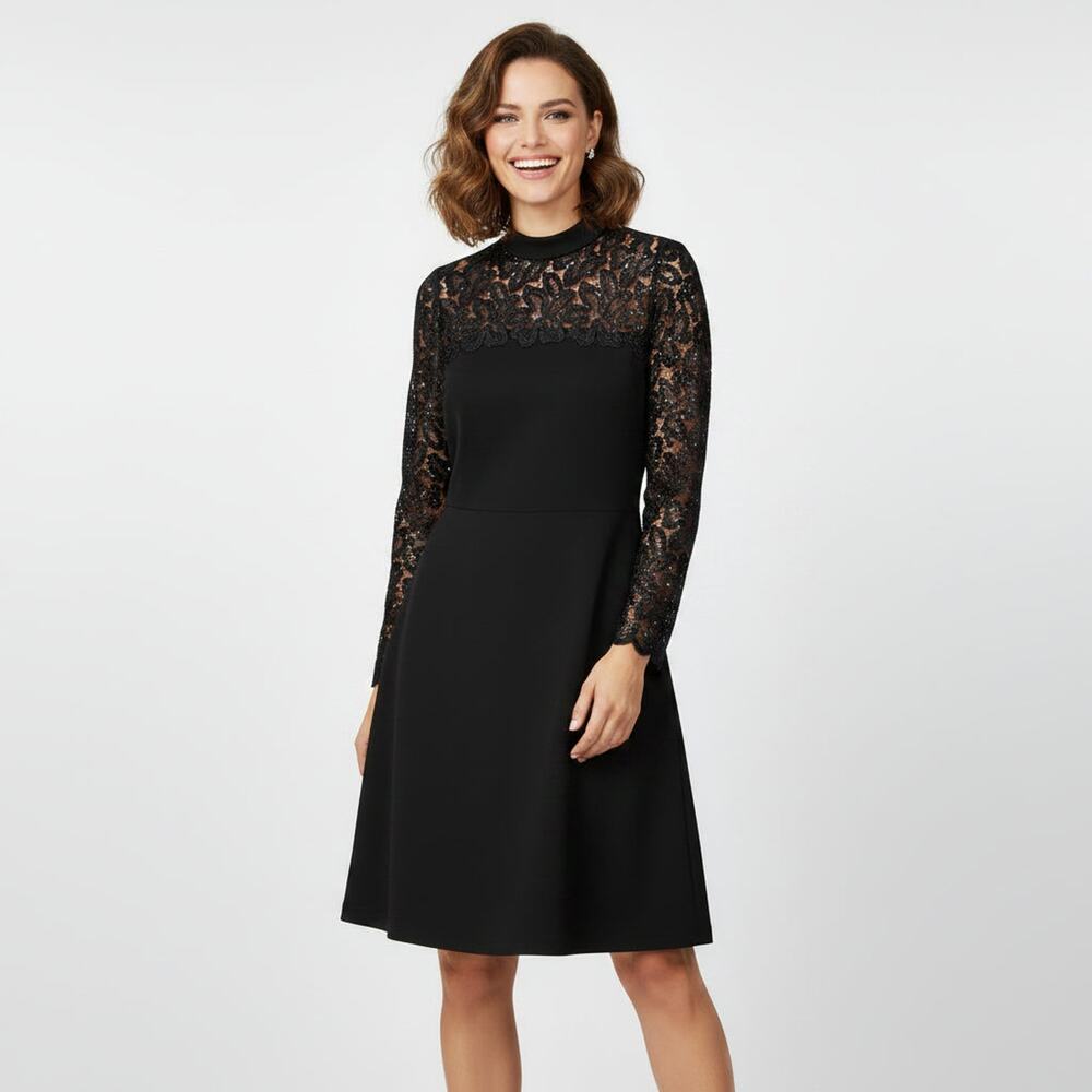 Elie Tahari black dress with guipure lace sleeves, size 6, NEW WITH TAGS!